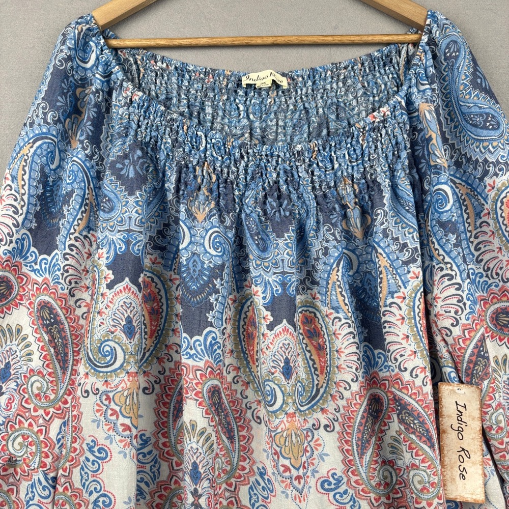 Indigo Rose Peasant Top Womens 3X Paisley Smocked Bell Sleeve Boho Blouse - Picture 3 of 13